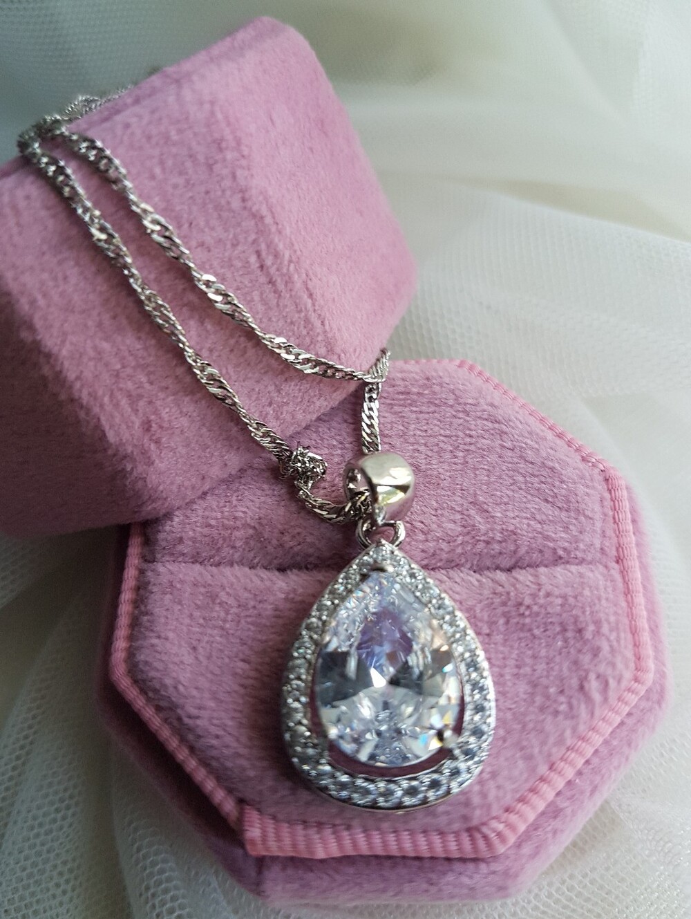 Swarovski Elements 925 Silver Large White Sapphire Teardrop Halo Earrings NEW - Picture 8 of 10